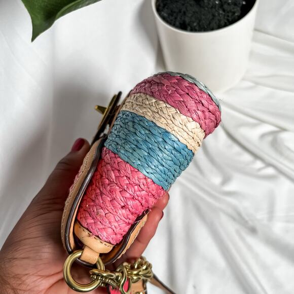 COACH Multicolor Straw Turnock Wristlet Bag Leather Trim Wristlet Rare - Picture 6 of 11